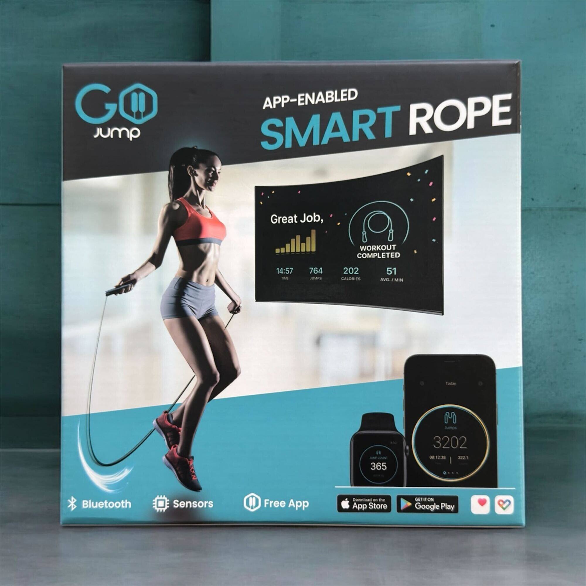 GO Jump  
APP-ENABLED SMART ROPE  
Great Job,  
WORKOUT COMPLETED  
14:57 THE  
764 JUMPS  
202 CALORIES  
51 AVG. MIN  
Today  
M  
11 AIMP COUNT 365  
3202 0:12:38 3221  
Bluetooth  
Sensors  
Free App  
Download on the App Store  
GET ON Google Play