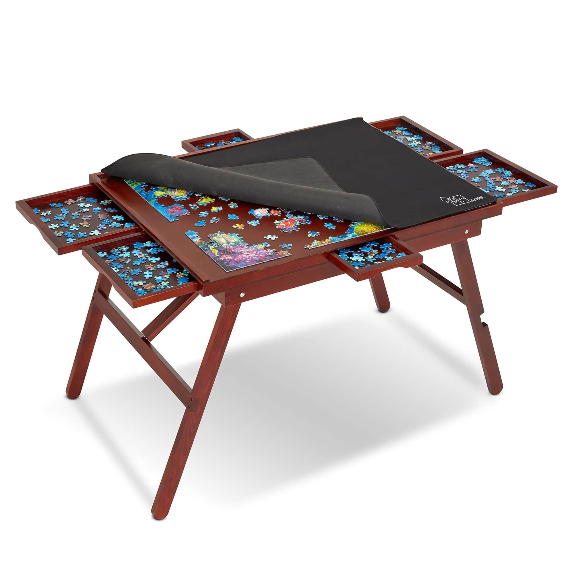 Jumbl - 1500-Piece Puzzle Table w/Legs, 6 Drawers, Cover & Smooth Fiberboard Surface - Brown