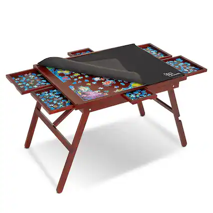 Front. Jumbl - 1500-Piece Puzzle Table w/Legs, 6 Drawers, Cover & Smooth Fiberboard Surface - Brown.