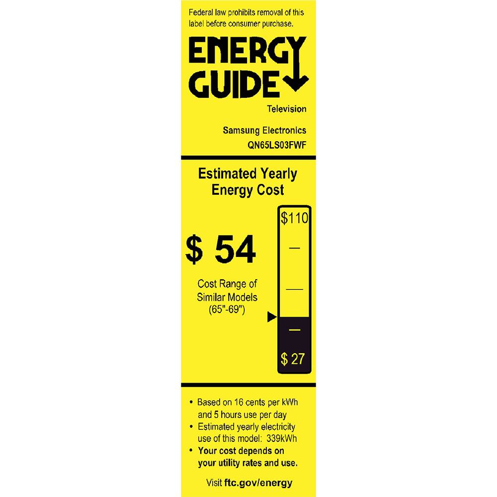 Federal law prohibits removal of this label before consumer purchase.

ENERGY GUIDE
Television
Samsung Electronics
QN65LS03FWF

Estimated Yearly Energy Cost
$54
$110

Cost Range of Similar Models (65"-69")
$27

Based on 16 cents per kWh and 5 hours use per day
Estimated yearly electricity use of this model: 339kWh
Your cost depends on your utility rates and use.

Visit ftc.gov/energy