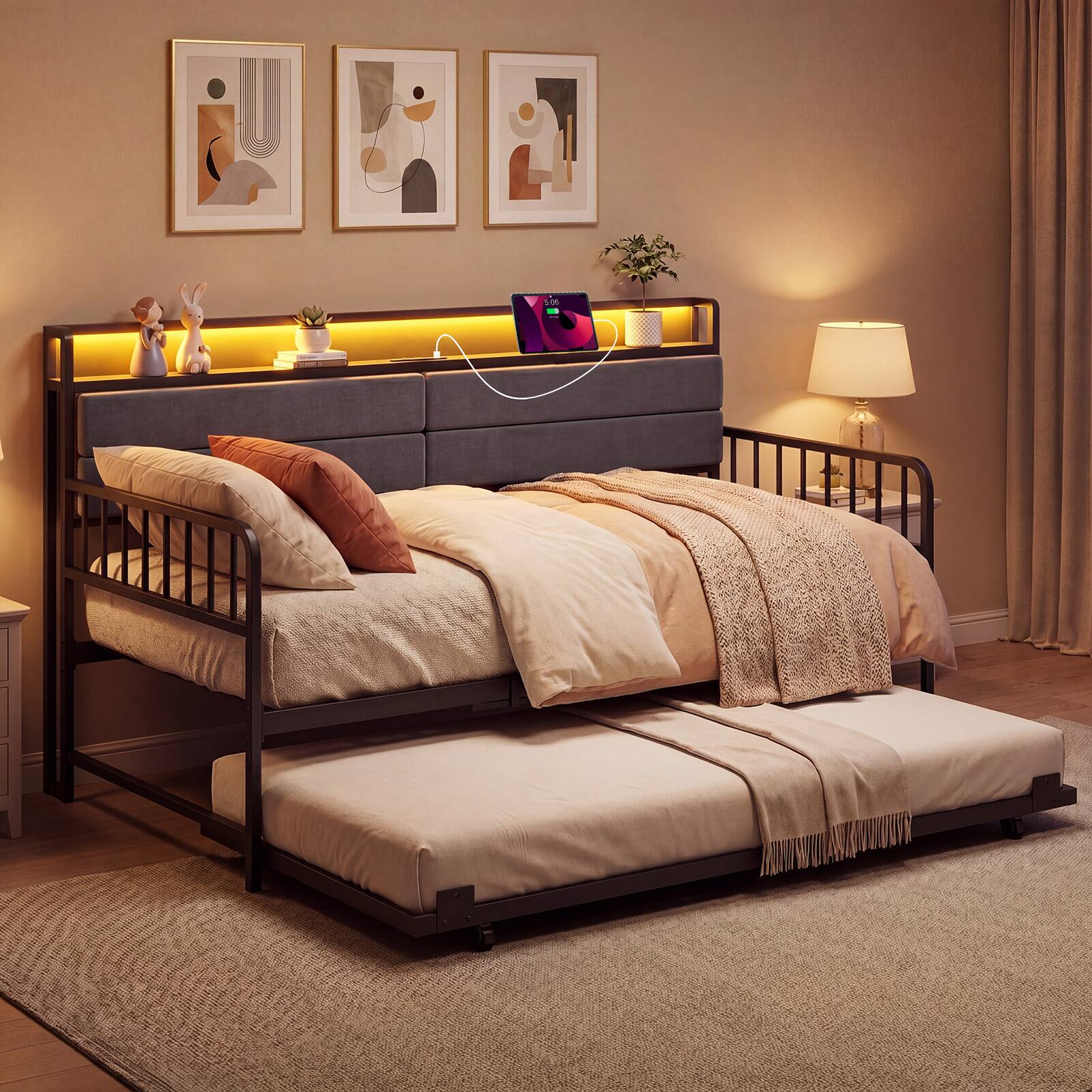 Alt View 4. Costway - Costway Daybed with Trundle LED Lights Charging Station Upholstered Storage Headboard - Rustic Brown & Black.