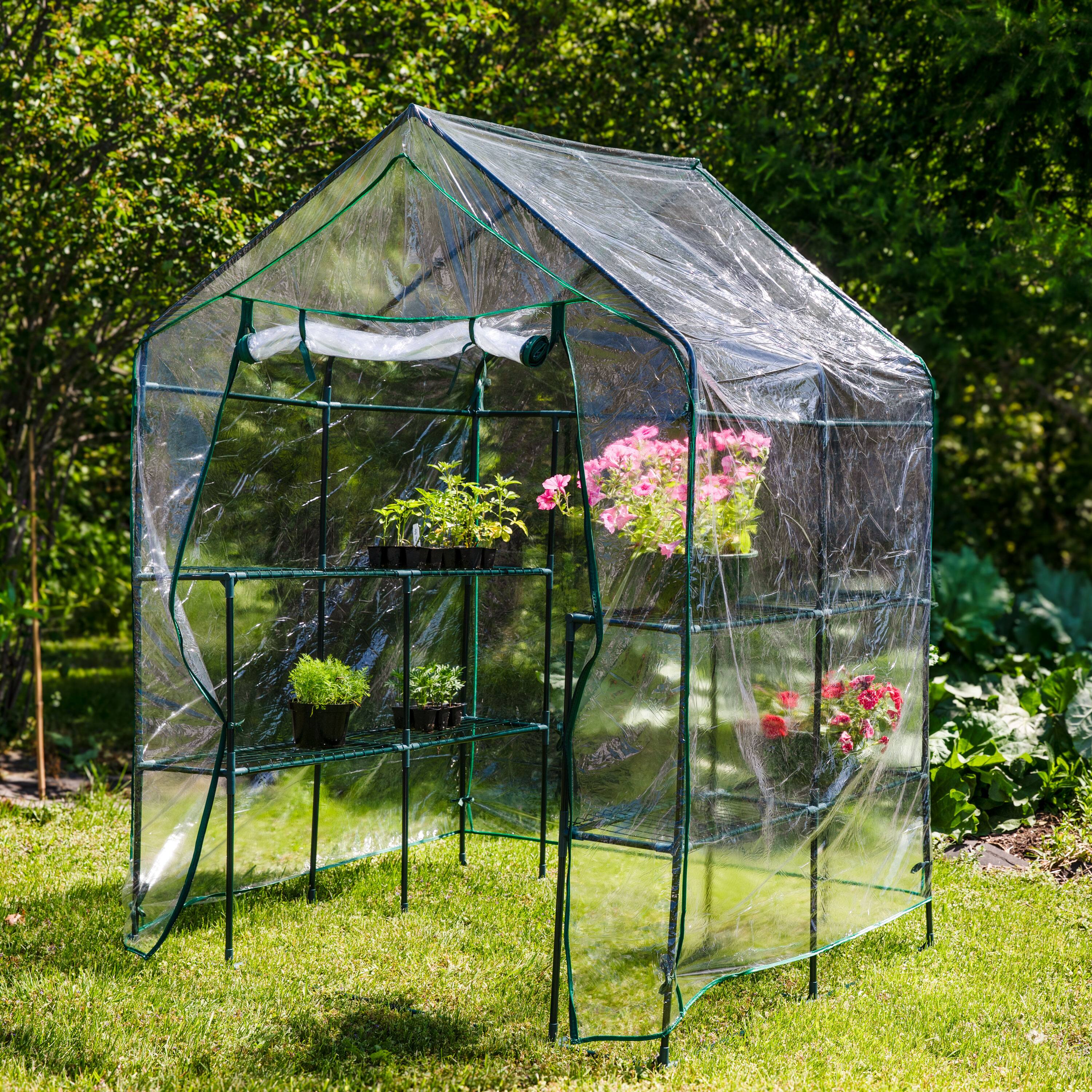 Alt View 2. Sunnydaze - Grandeur Walk-In Greenhouse with 4 Shelves for Outdoors - Clear.