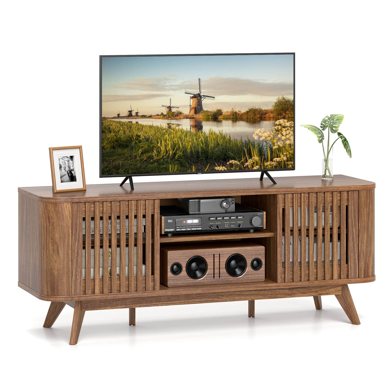 Front. Costway - TV Stand for TVs up to 60" 2-Door Mid Century TV Console Table Modern TV Cabinet - Brown.