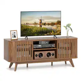 Costway - TV Stand for TVs up to 60" 2-Door Mid Century TV Console Table Modern TV Cabinet - Brown