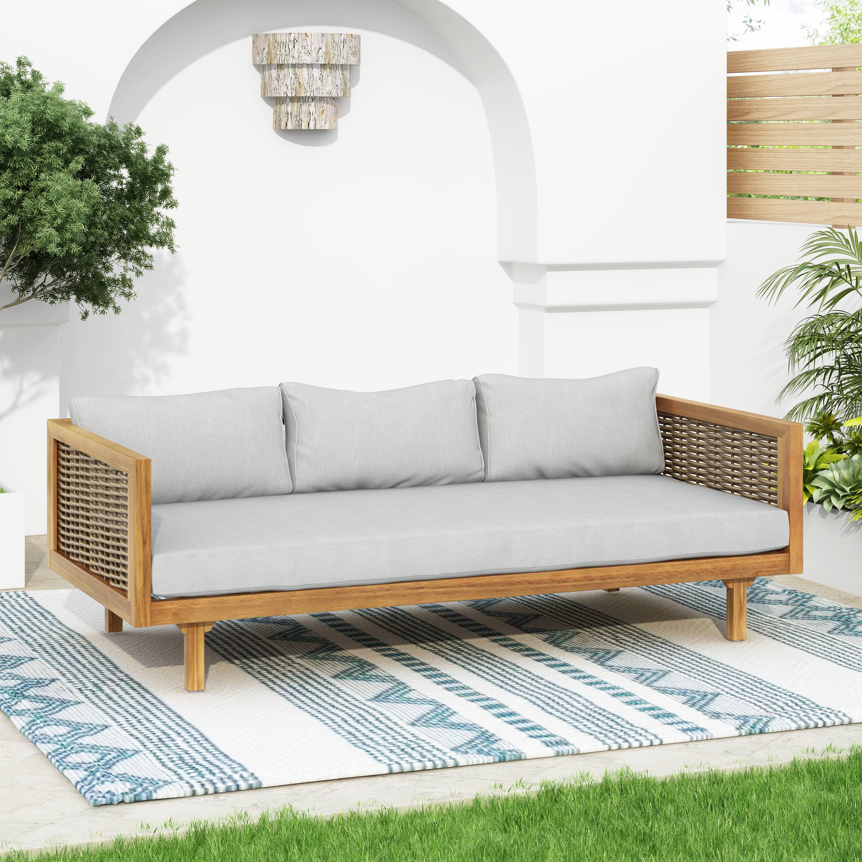 Alt View 5. Siljoy - Weather-Resistant Wicker Patio Conversation Set, Outdoor Rattan Sectional w/ Thick Light Gray Cushions - LIGHT GREY,Teak.