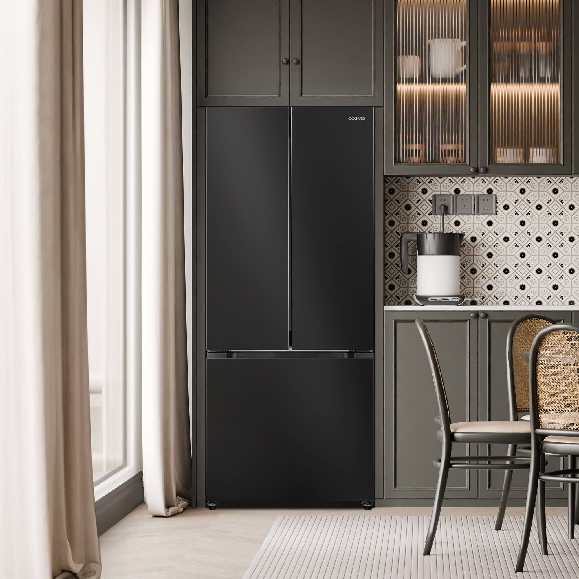 Angle. COSMO - COS-RFFV183RBK 30 in. Vista Collection 17.5 cu. ft. Counter Depth 3-Door French Door Refrigerator, Freezer Drawer - Matte Black.