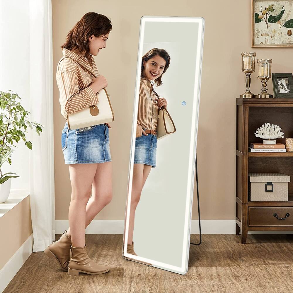 Angle. Lirago - 64"x21" Dimmable LED Full Length Mirror, 3 Color Lighting Vanity Mirror  Floor Mirror with Stand - White.