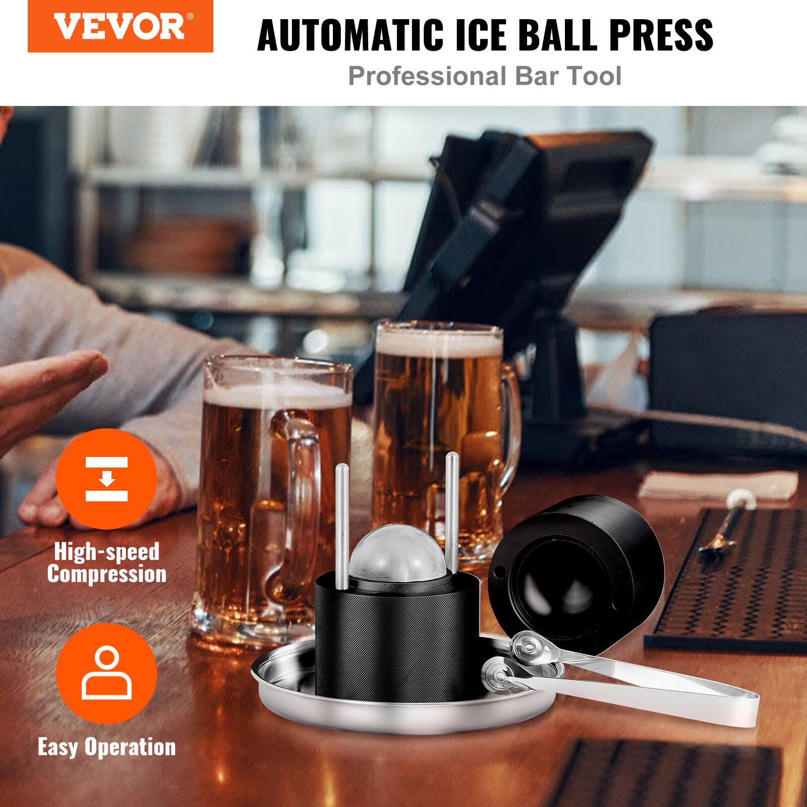 VEVOR  
AUTOMATIC ICE BALL PRESS  
Professional Bar Tool  

- High-speed Compression  
- Easy Operation