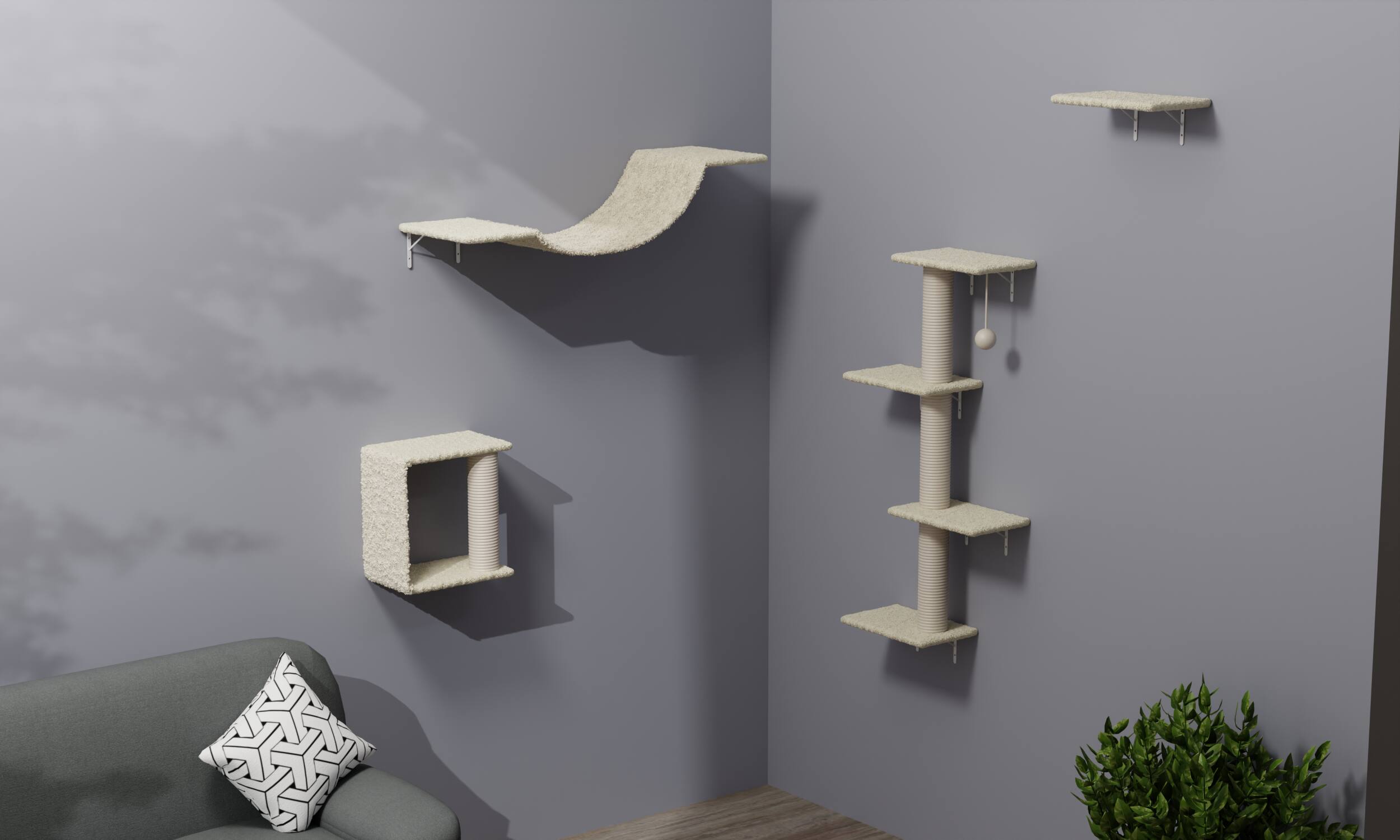 Left. Siljoy - 4-Piece Wall-Mounted Cat Shelves Set with Bridge, Steps, Sisal Tree & Scratcher - Space-Saving Cat Wall Gym.