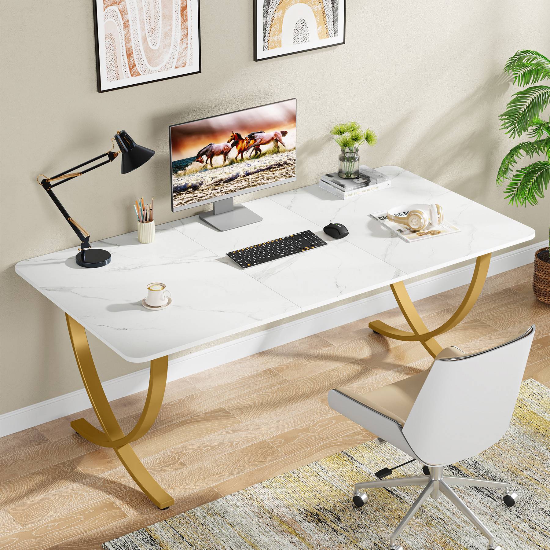 Back. Tribesigns - Office Meeting Table with Engineered Wood Construction, for Meetings and Collaborative Office Work - White.