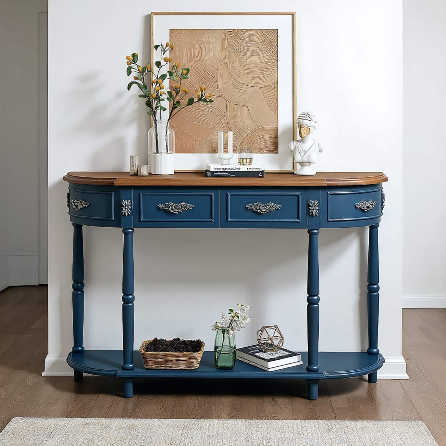 Kadyn - Retro Curved Wood Console Table, 52 inch Circular Half Moon Sofa Table with Open Shelf and 2 Drawers, Living Room - Blue