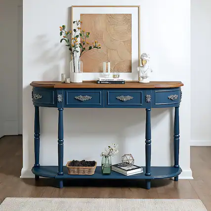 Front. Kadyn - Retro Curved Wood Console Table, 52 inch Circular Half Moon Sofa Table with Open Shelf and 2 Drawers, Living Room - Blue.