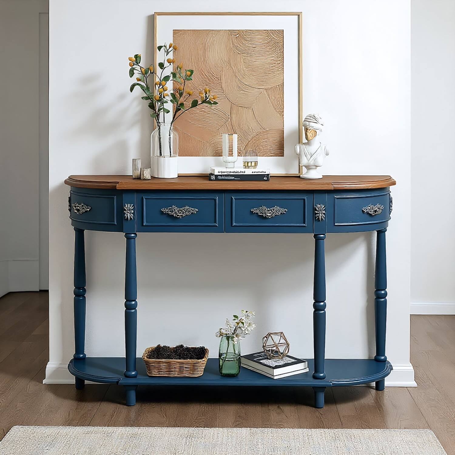 Front. Kadyn - Retro Curved Wood Console Table, 52 inch Circular Half Moon Sofa Table with Open Shelf and 2 Drawers, Living Room - Blue.