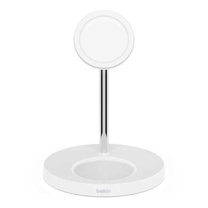 Left. Belkin - MagSafe 2-in-1 Wireless Charging Stand for iPhone & AirPods, 15W - White.