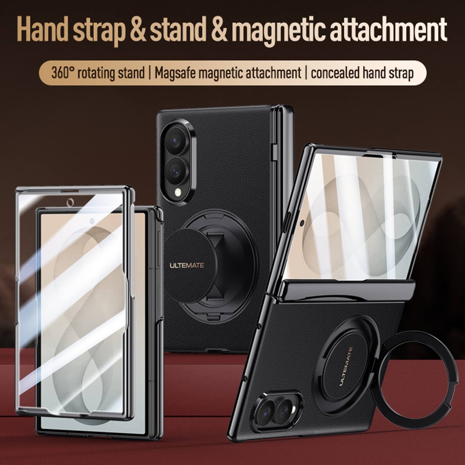 Hand strap & stand & magnetic attachment  
360° rotating stand | Magsafe magnetic attachment | concealed hand strap  
ULTIMATE
