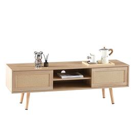 Ecooso - Rattan TV Cabinet 55", Sliding Doors with Adjustable Shelf, Media Console with Solid Wood Legs - Natural
