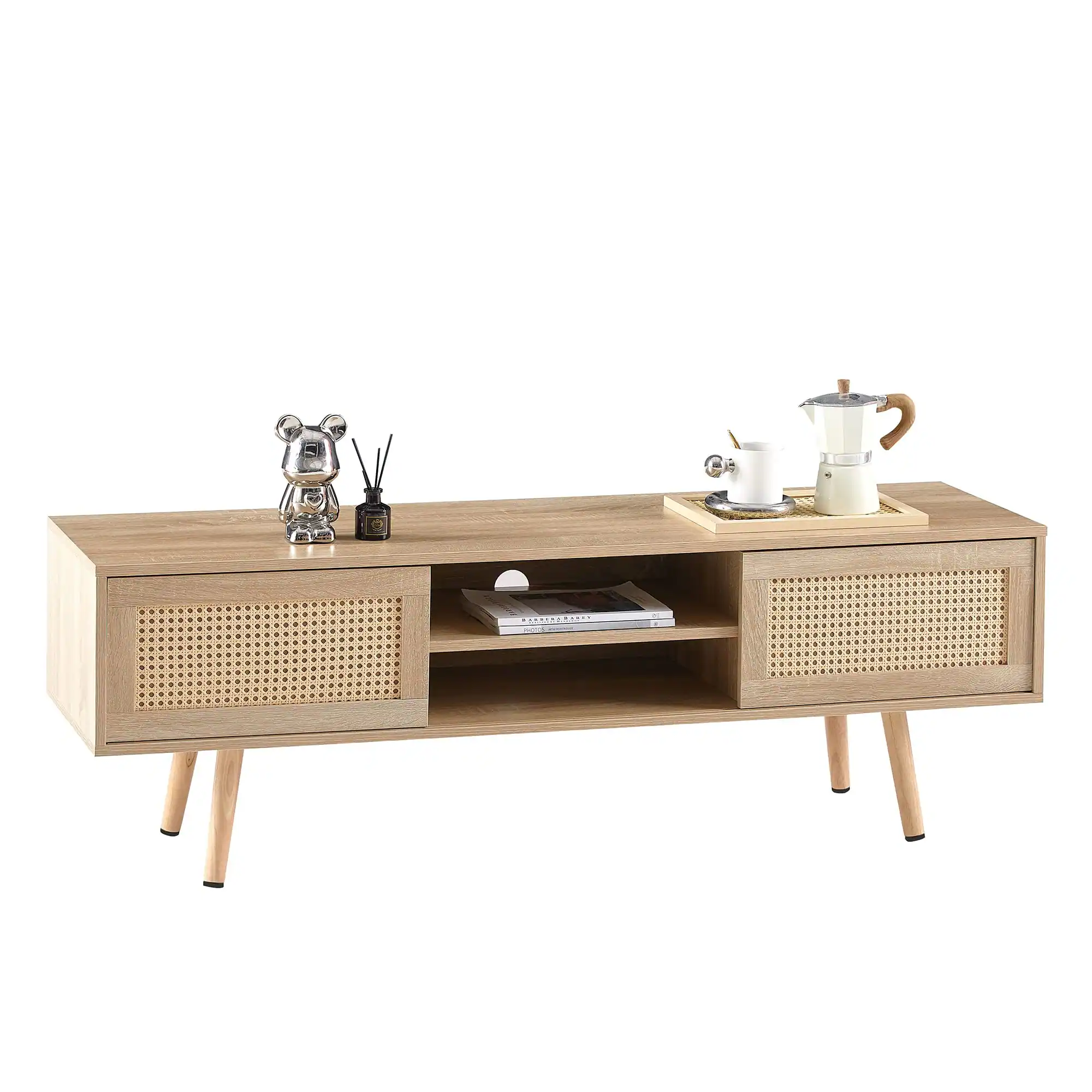 Front. Ecooso - Rattan TV Cabinet 55", Sliding Doors with Adjustable Shelf, Media Console with Solid Wood Legs - Natural.