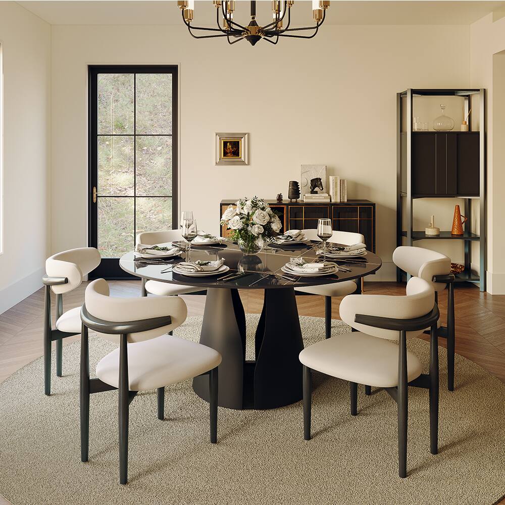 Angle. POVISON - 59" Modern Round Kitchen Dining Table for 6, Glossy Pandora Sintered Stone Tabletop with Solid Bronze Carbon Steel Base - Pandora & Bronze Steel Base.