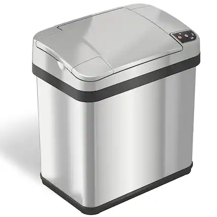 Angle. iTouchless - 2.5 Gallon Touchless Sensor Trash Can with AbsorbX Odor Control and Fragrance, Stainless Steel Bathroom Garbage Bin - Silver/Stainless Steel.