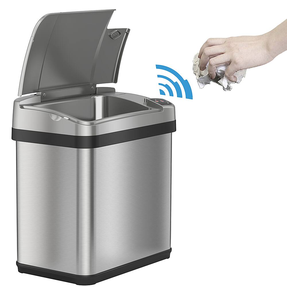 Left. iTouchless - 2.5 Gallon Touchless Sensor Trash Can with AbsorbX Odor Control and Fragrance, Stainless Steel Bathroom Garbage Bin - Silver/Stainless Steel.