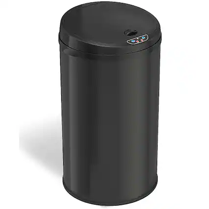 Angle. iTouchless - 8 Gallon Touchless Sensor Trash Can with AbsorbX Odor Control System, Black Stainless Steel Round Shape Kitchen Bin - Matte Black.