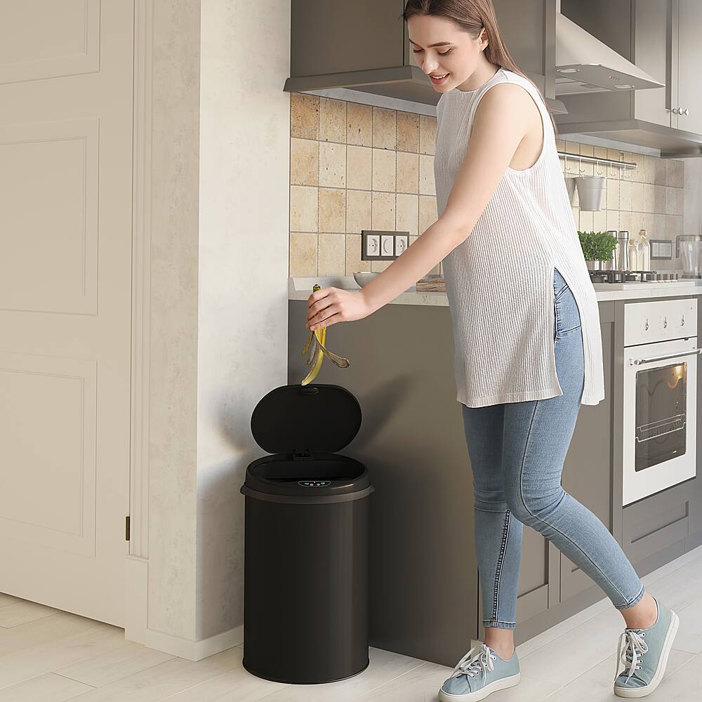 Alt View 12. iTouchless - 8 Gallon Touchless Sensor Trash Can with AbsorbX Odor Control System, Black Stainless Steel Round Shape Kitchen Bin - Matte Black.