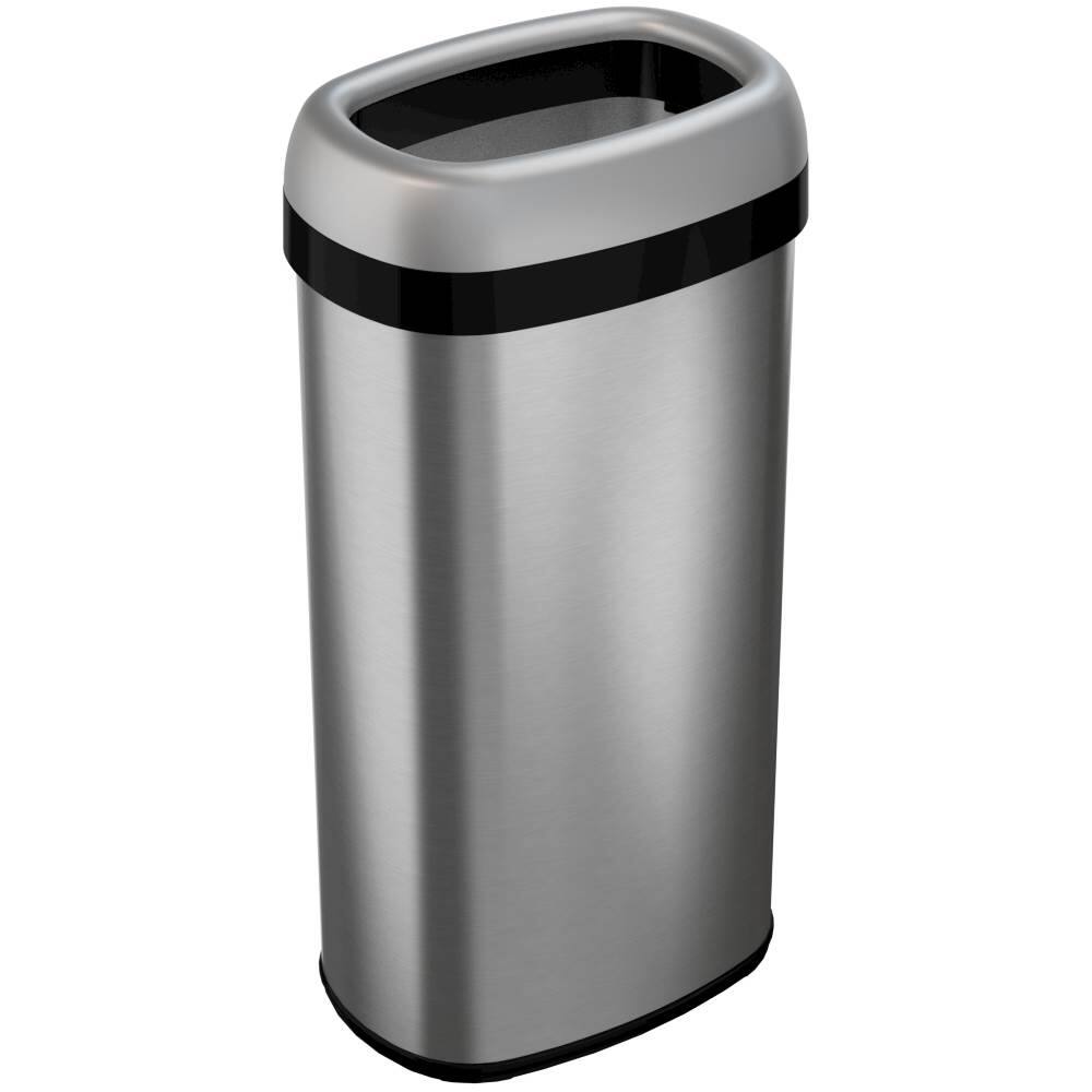 Angle. iTouchless - 16 Gallon Elliptical Open Top Trash Can & Recycle Bin with Dual AbsorbX Odor Filters, Stainless Steel, for Home, Office - Stainless Steel/Silver.