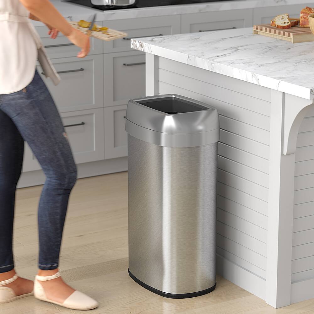 Left. iTouchless - 16 Gallon Elliptical Open Top Trash Can & Recycle Bin with Dual AbsorbX Odor Filters, Stainless Steel, for Home, Office - Stainless Steel/Silver.