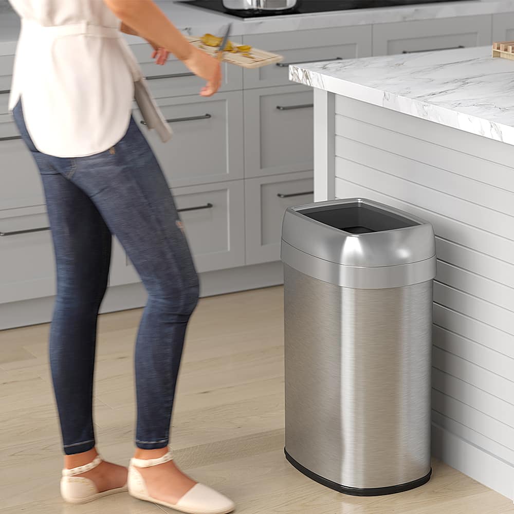 Left. iTouchless - 13 Gallon Elliptical Open Top Trash Can and Recycle Bin with Dual AbsorbX Odor Filters, Stainless Steel, Office Home - Stainless Steel/Silver.
