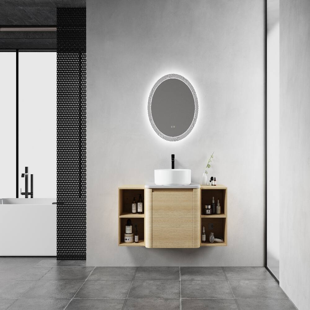 Angle. Loheer - Loheer 48 inch wall mounted bathroom vanity with storage shelves, american white oak floating vanity - American White Oak.