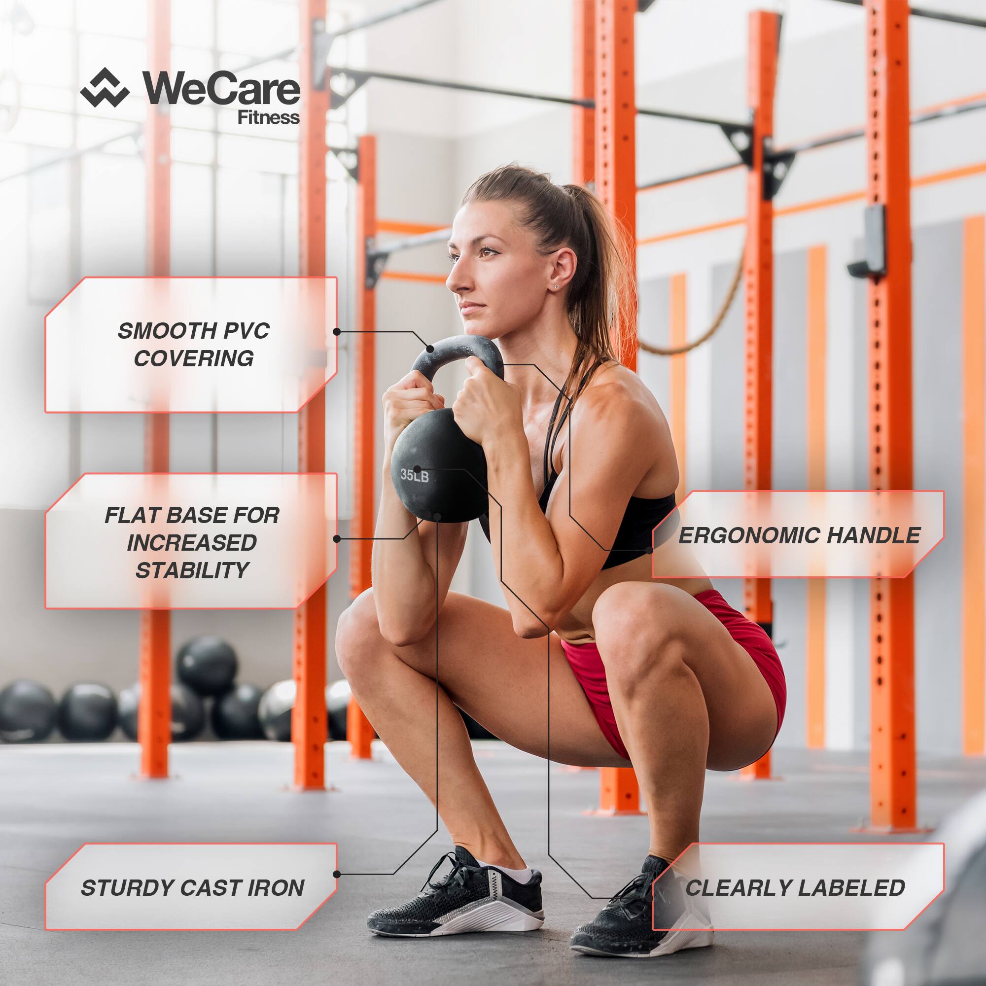 WeCare Fitness

- SMOOTH PVC COVERING
- FLAT BASE FOR INCREASED STABILITY
- STURDY CAST IRON
- ERGONOMIC HANDLE
- CLEARLY LABELED