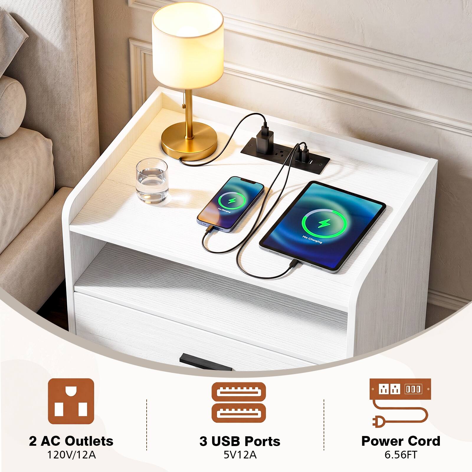 - 2 AC Outlets 120V/12A
- 3 USB Ports 5V/12A
- Power Cord 6.56FT