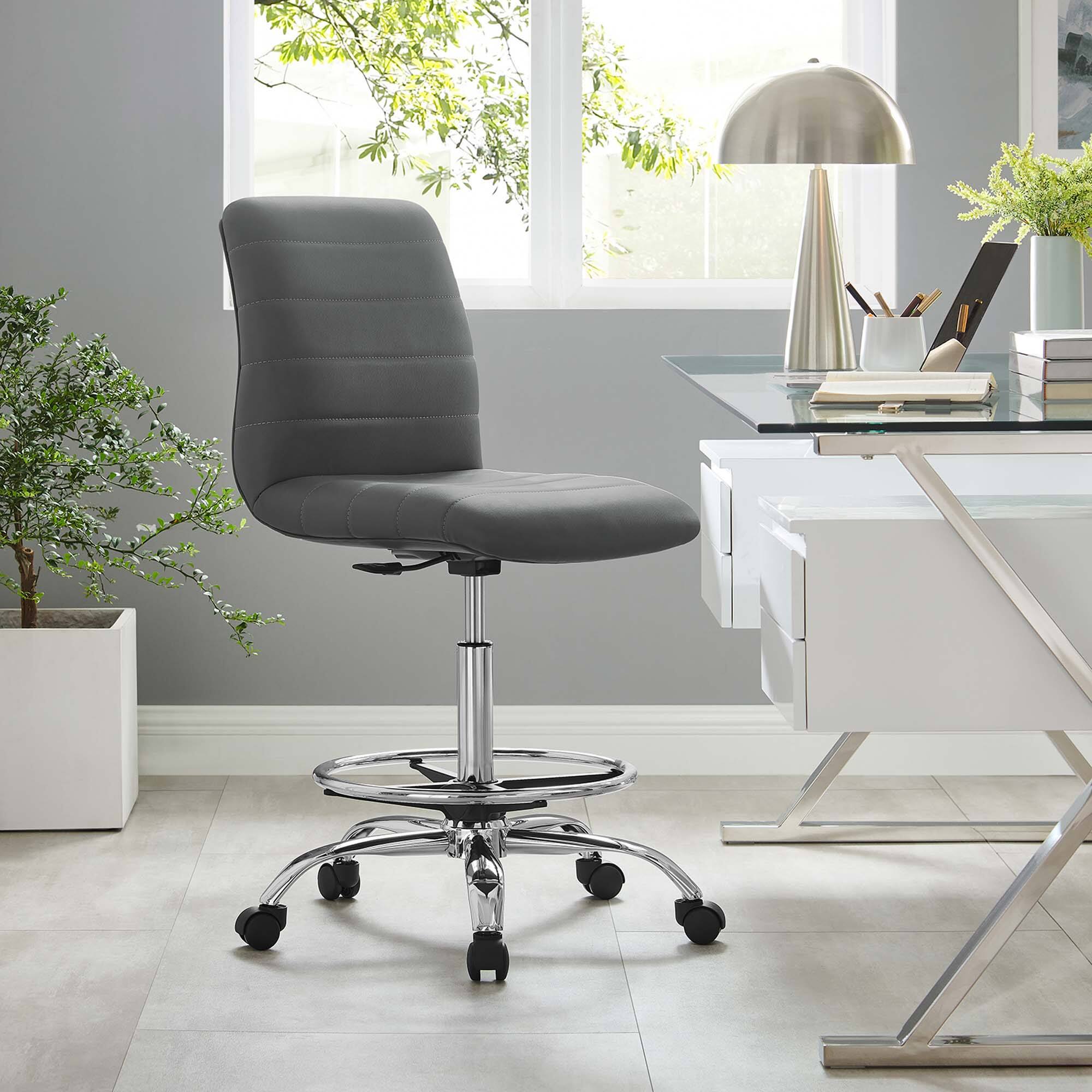 Ripple Armless Vegan Leather Drafting Chair by Modway - Silver Gray