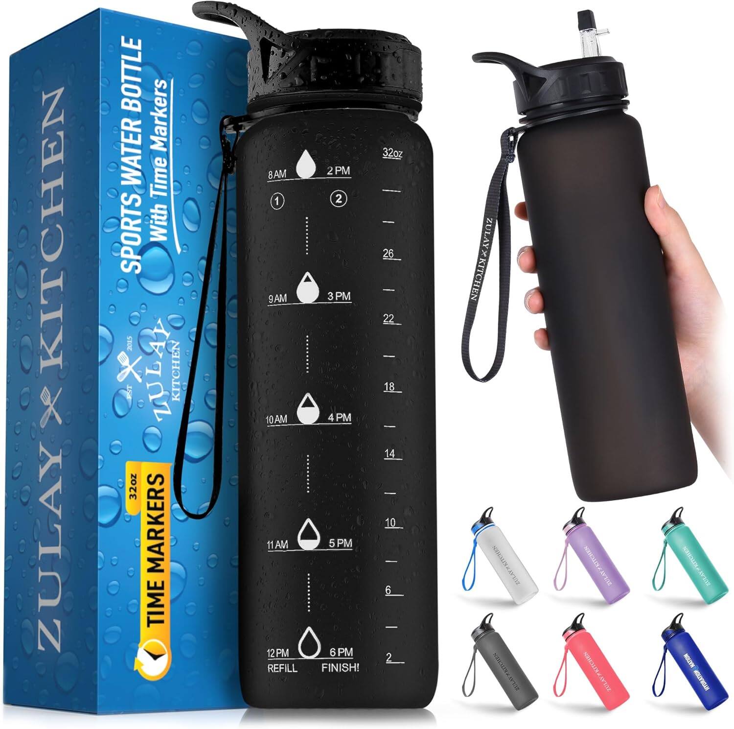Zulay Kitchen - 32oz Water Bottle With Time Marker - Leak Proof Water Bottles With Times To Drink By Hydration Nation - Black