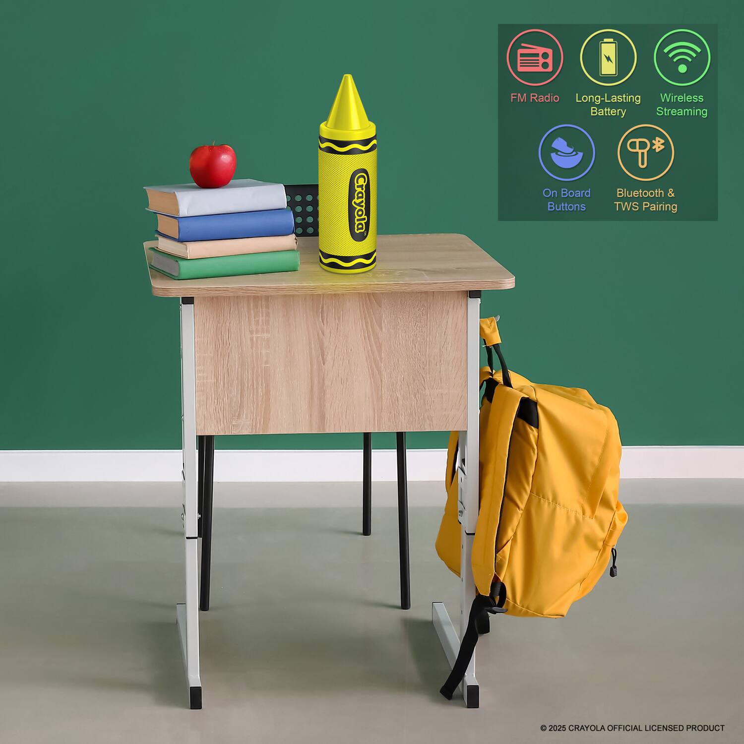 FM Radio  
Long-Lasting Battery  
Wireless Streaming  
On Board Buttons  
Bluetooth & TWS Pairing  

© 2025 CRAYOLA OFFICIAL LICENSED PRODUCT