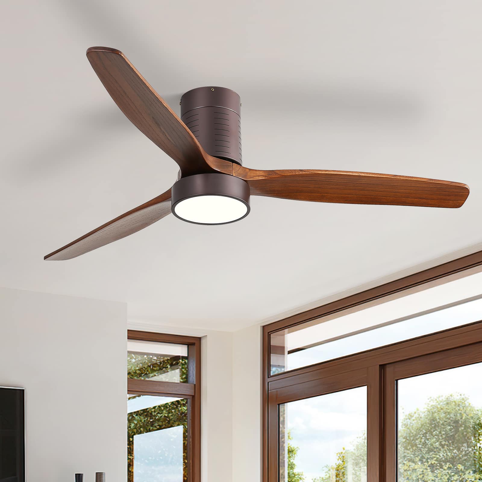Front. Sofucor - 52'' Low Profile Ceiling Fan with Lights and Remote Dimmable LED Reversible DC Modern Wood Flush Mount Ceiling Fan - Black.