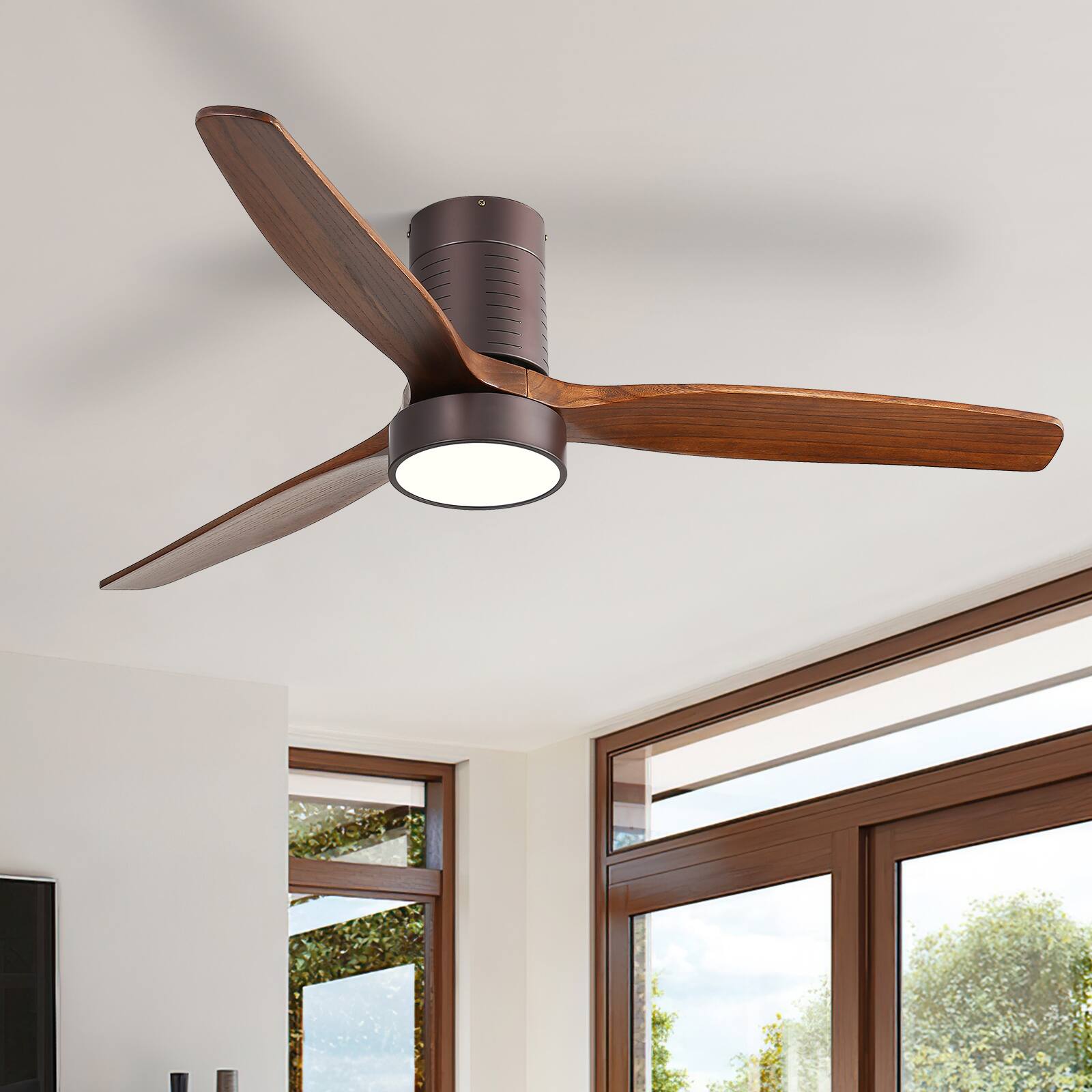 Sofucor - 52'' Low Profile Ceiling Fan with Lights and Remote Dimmable LED Reversible DC Modern Wood Flush Mount Ceiling Fan - Black