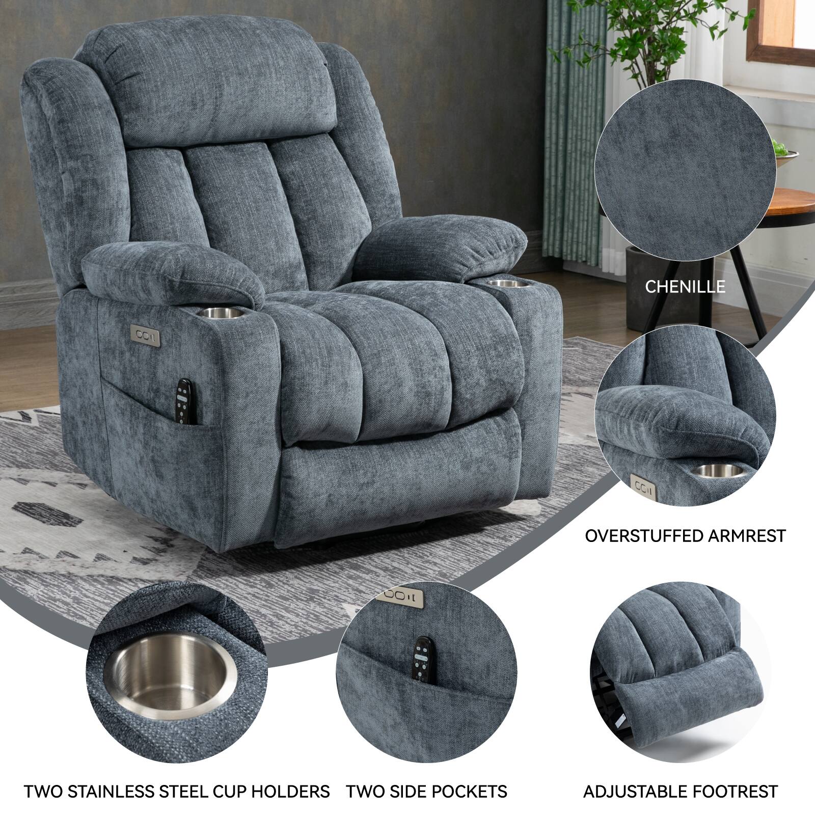 - Chenille Coi
- Overstuffed Armrest
- Two Stainless Steel Cup Holders
- Two Side Pockets
- Adjustable Footrest