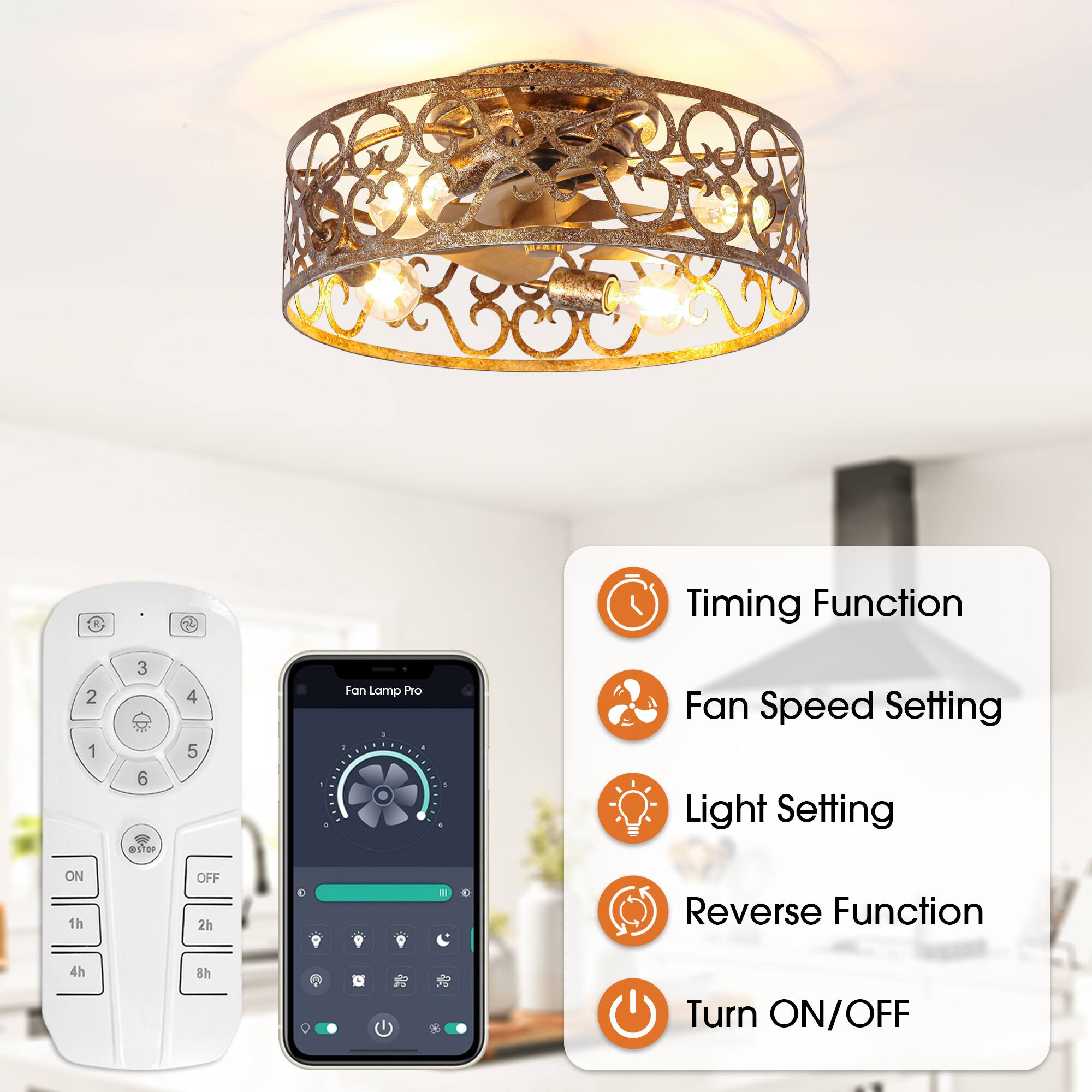 Timing Function  
Fan Speed Setting  
Light Setting  
Reverse Function  
Turn ON/OFF  

1h  
2h  
4h  
8h  

ON  
OFF