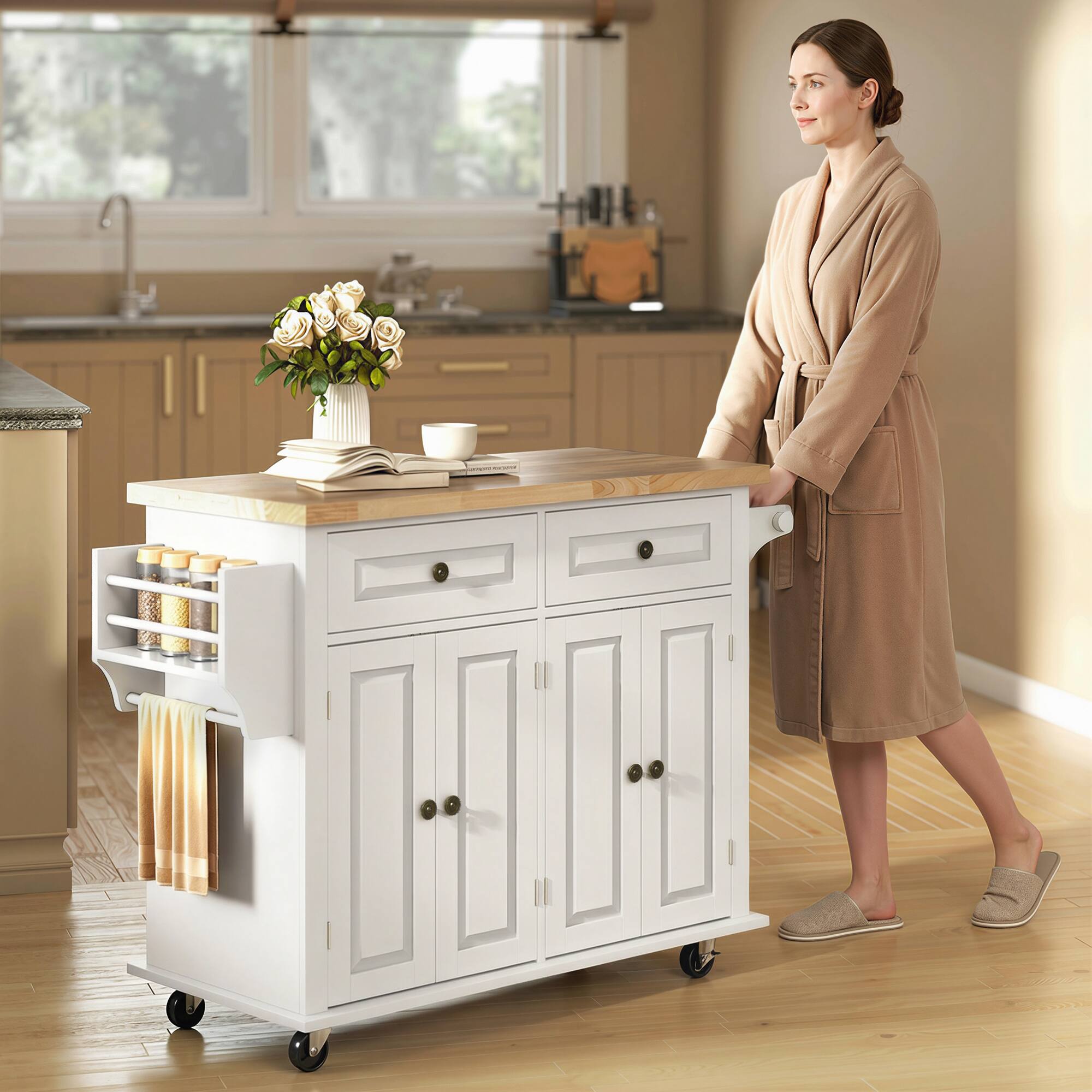 Alt View 7. Homcom - Mobile Kitchen Island Table, Kitchen Island Cart on Wheels with Storage Cabinets - White.