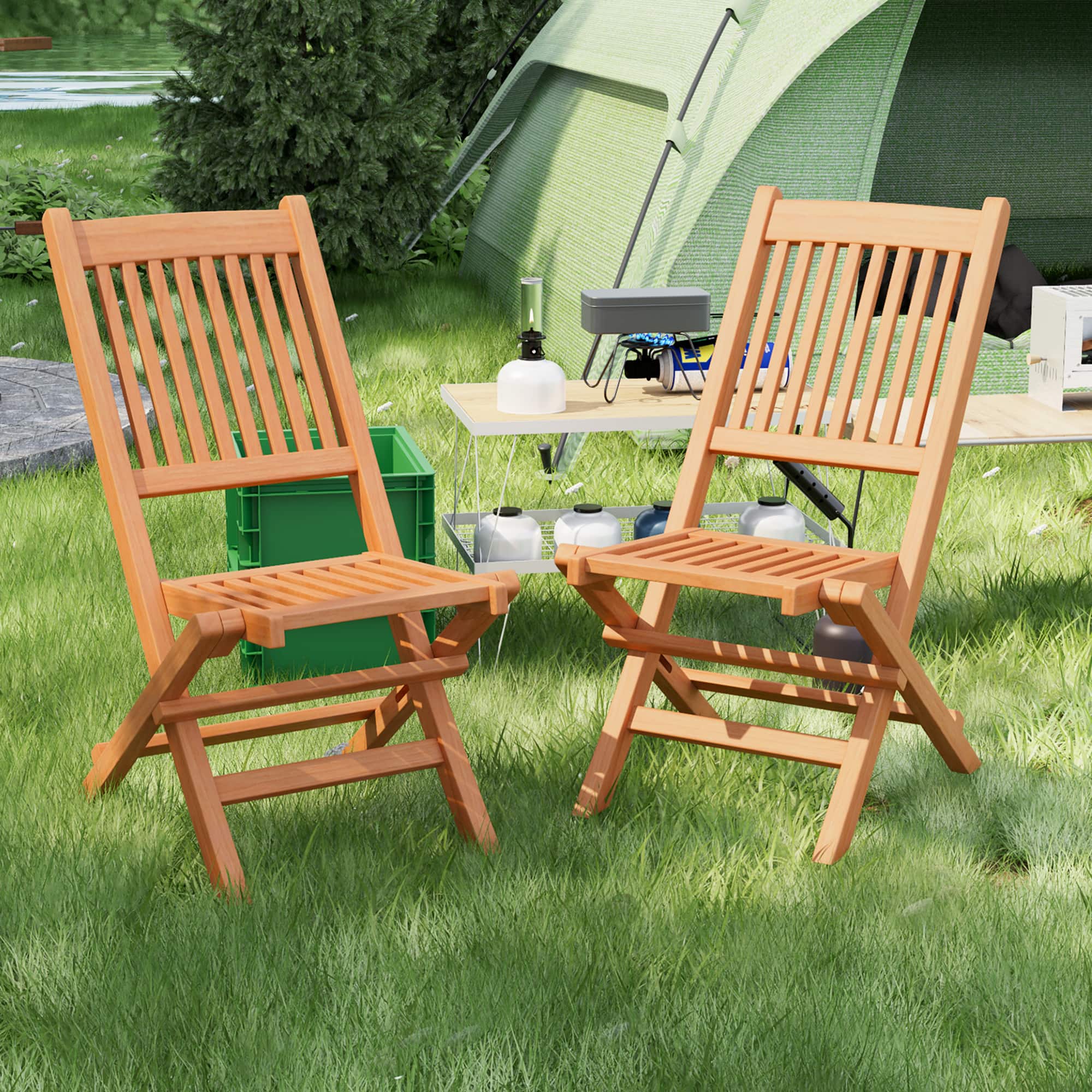 Gymax - Set of 2 Indonesia Teak Wood Outdoor Chair Folding Portable Patio Chair w/ Slatted Seat & Back - Natural