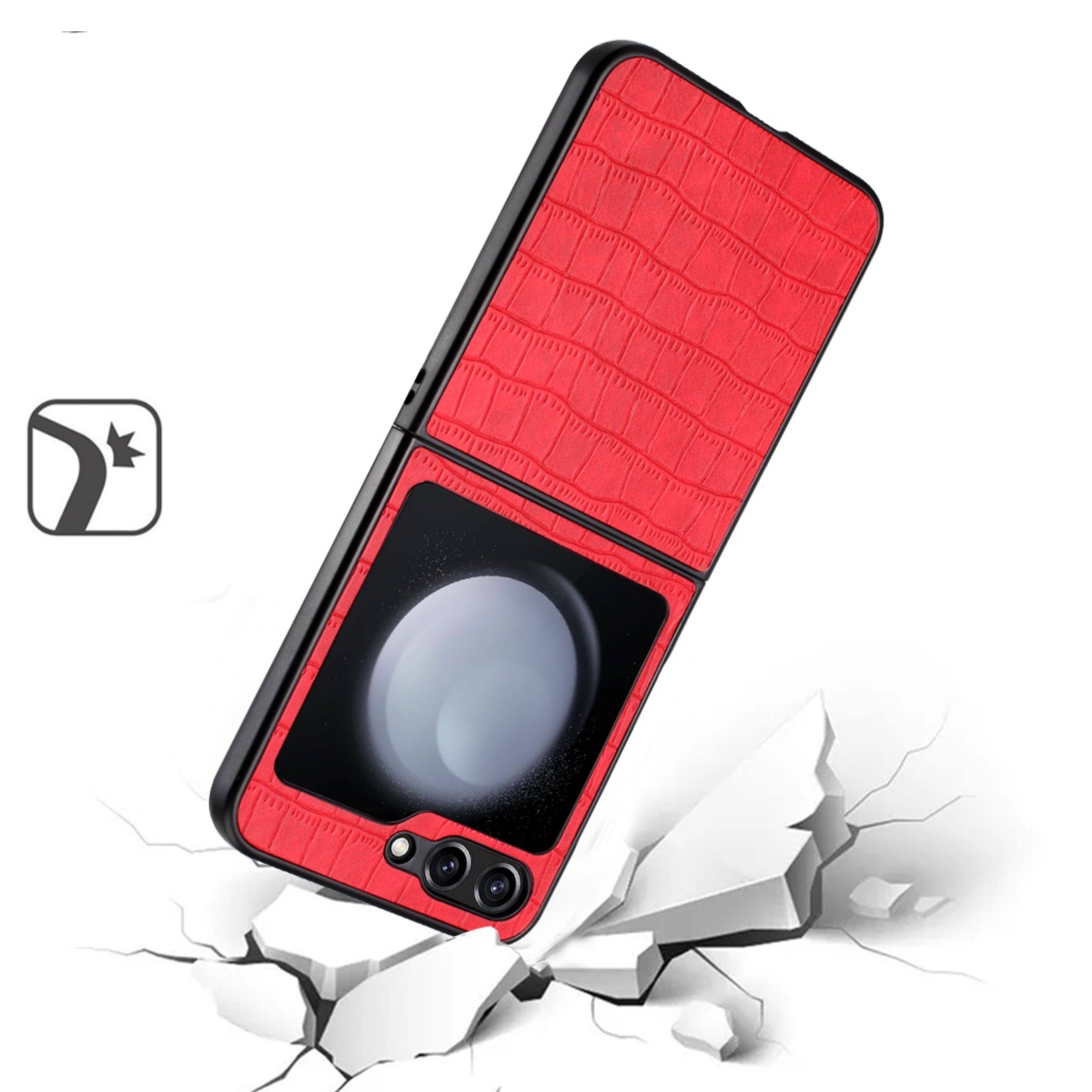 Left. Kitcheniva - Vegan Leather Croc Design Hard Snap On Phone Case For Samsung Galaxy Z Flip6 Red - Red.