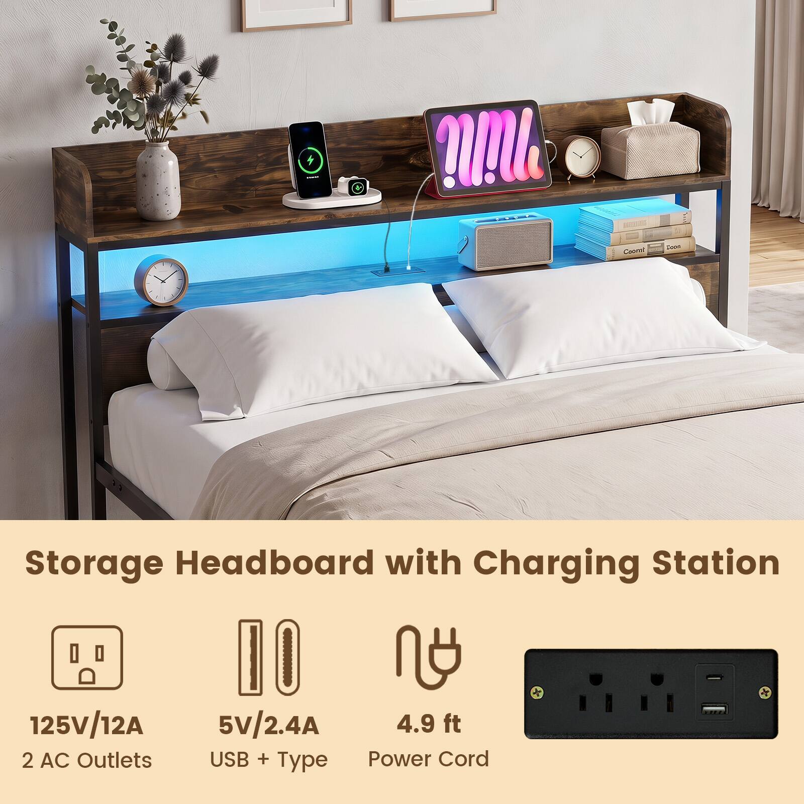 Storage Headboard with Charging Station

125V/12A
2 AC Outlets
5V/2.4A USB + Type
4.9 ft Power Cord