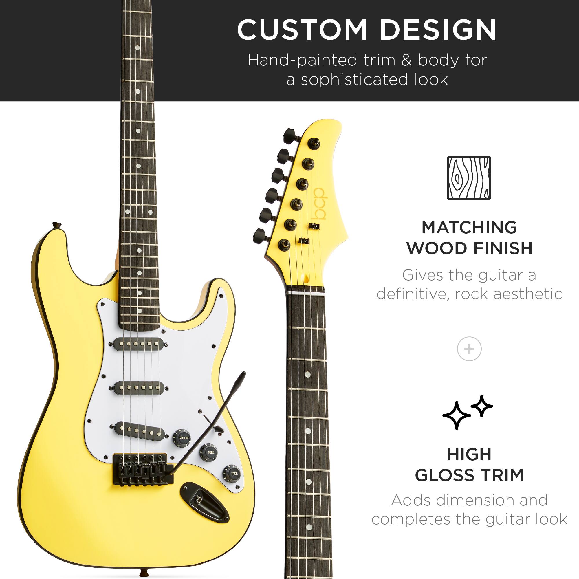 **CUSTOM DESIGN**  
Hand-painted trim & body for a sophisticated look

**MATCHING WOOD FINISH**  
Gives the guitar a definitive, rock aesthetic

**HIGH GLOSS TRIM**  
Adds dimension and completes the guitar look