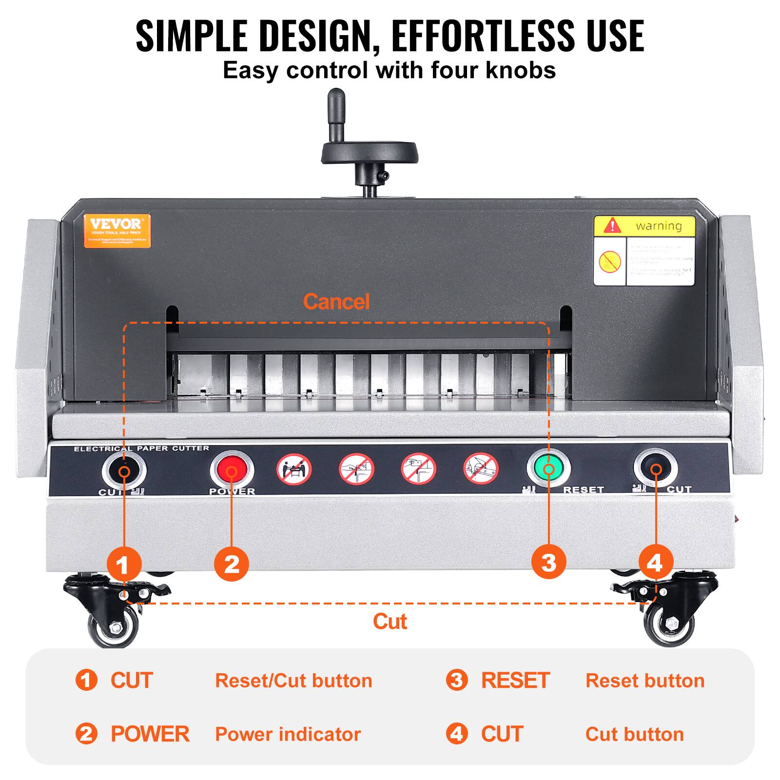 SIMPLE DESIGN, EFFORTLESS USE  
Easy control with four knobs  

1. CUT - Reset/Cut button  
2. POWER - Power indicator  
3. RESET - Reset button  
4. CUT - Cut button