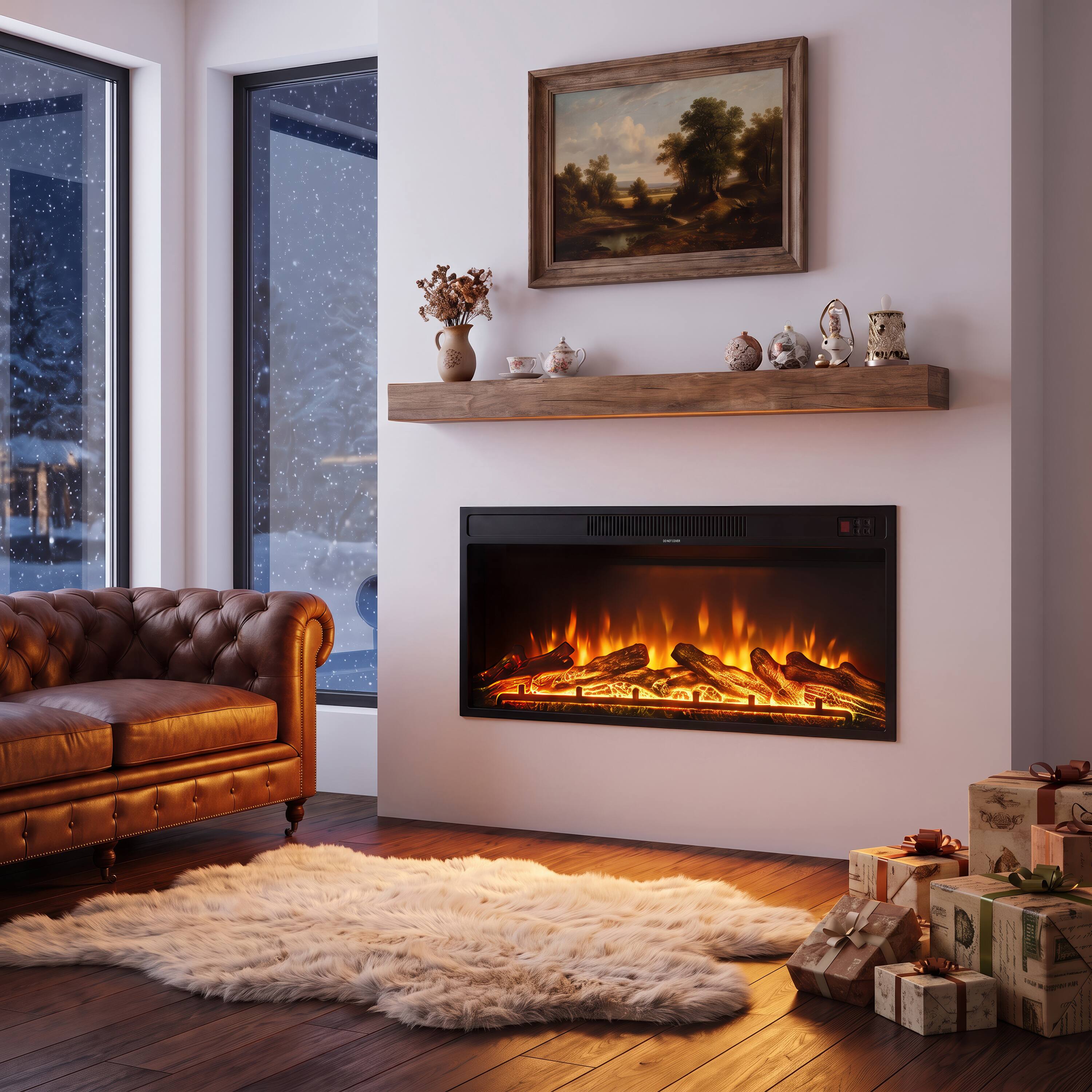 Back. Mondawe - 36" Recessed Electric Fireplace with 12 Flame Colors, 750W/1500W Heater, Remote Control and Timer - Black.