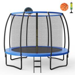 Gymax - 12FT Recreational Trampoline w/ Basketball Hoop Safety Enclosure Net Ladder - Blue, Black