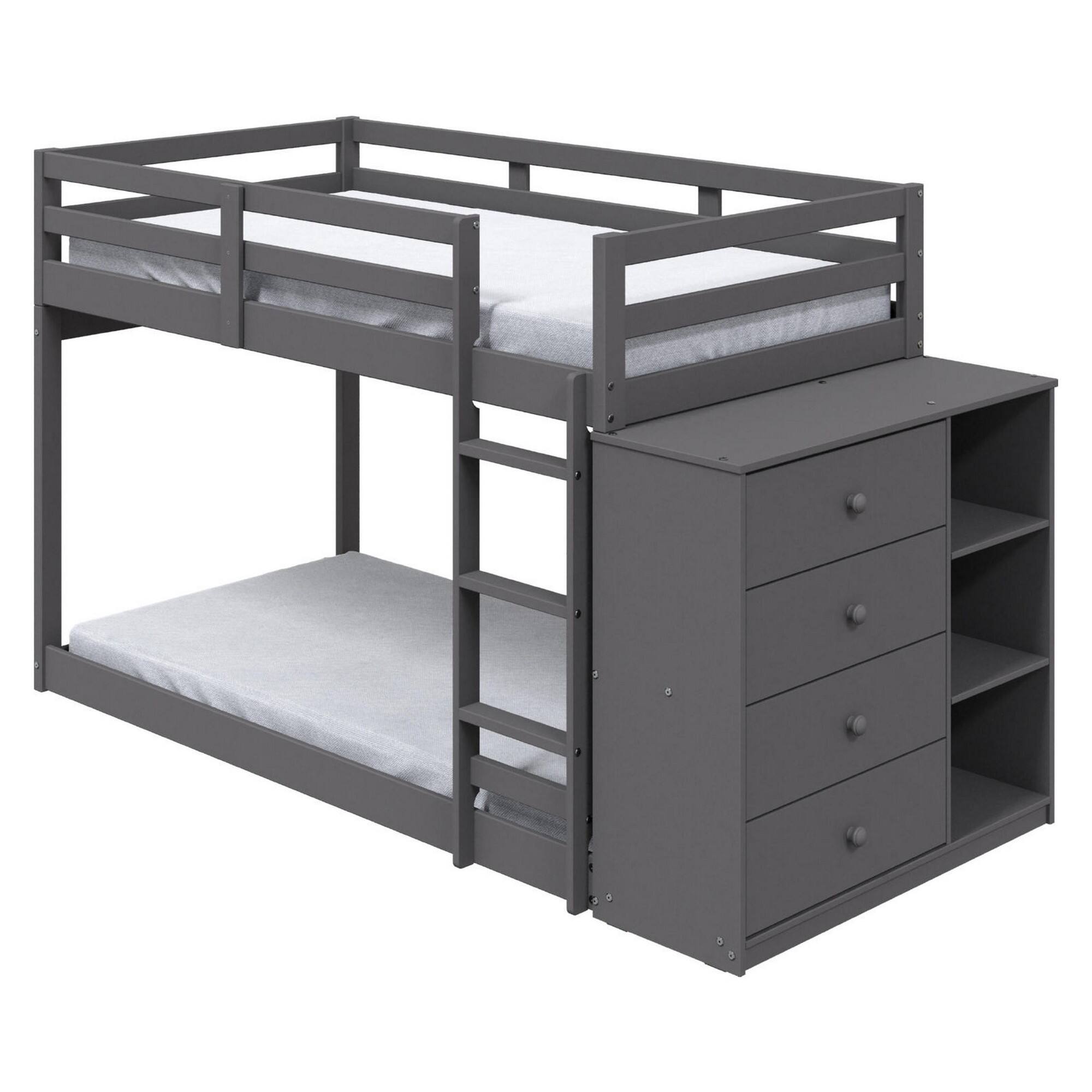Front. Manhattan Lane - Classic Twin Bunk Bed with Cabinet, 4 Drawers, 3 Compartments, Ladder, Gray - Gray.