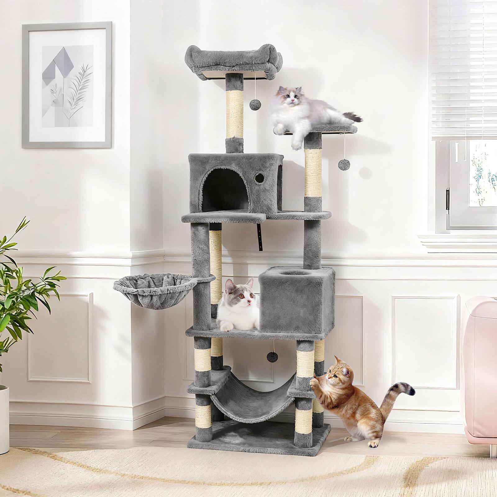 Alt View 3. Gymax - Gymax 66'' Tall Cat Tree w/2 Condos Sisal Scratching Posts Plush Perch Hammock Basket Light Gray.