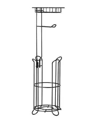 Front. VEVOR - Free Standing Toilet Paper Holder with Shelf, 3-in-1 Premium Metal Material, Store Up to 4 Mega Rolls - Matte Black.